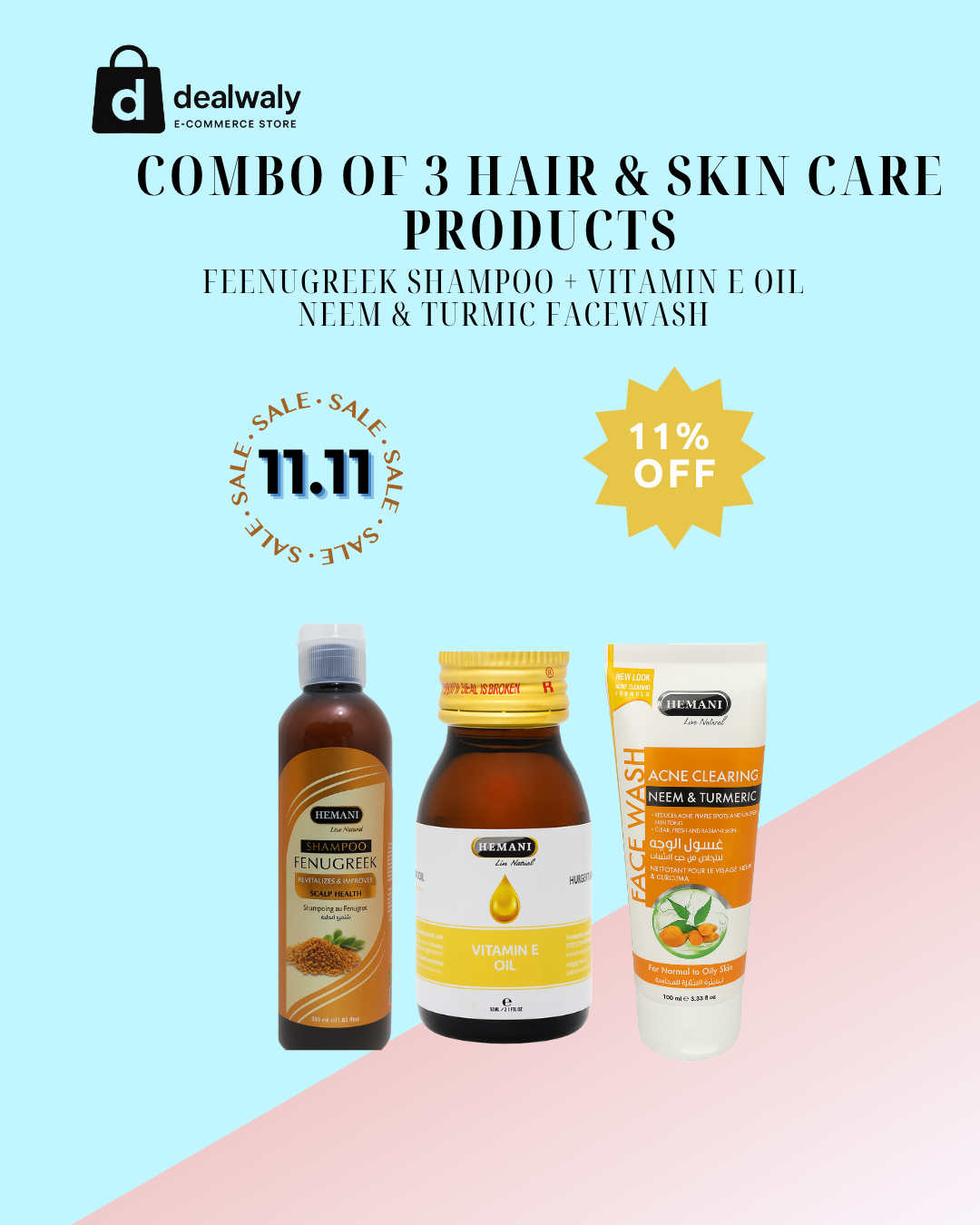 Herbal Repair & Glow Combo – Fenugreek Shampoo, Vitamin E Oil & Neem Turmeric Facewash